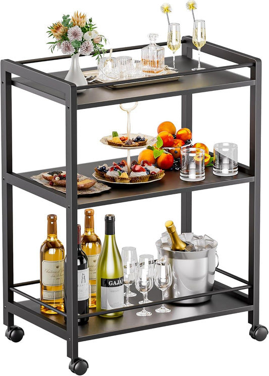 Bar Cart Black, Serving Cart for Home, 3 Tier Drinks Cart with Wheels, Rolling Beverage Cart for Kitchen Dining Living Room