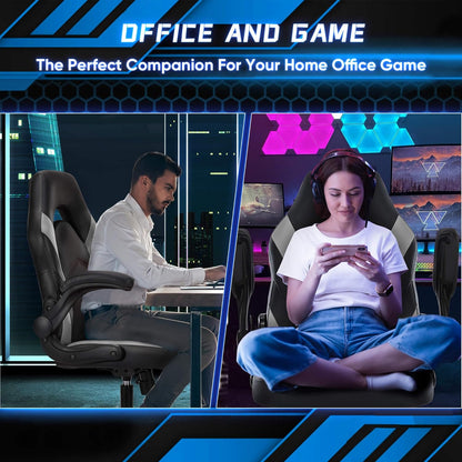 Computer Gaming Desk Chair - Big Tall Ergonomic Lumbar Support with Flip-Up Armrest and 360° Swivel Wheels, PU Leather Height Adjustable, for Home and Office, Grey