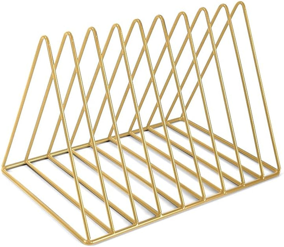 9 Slot Record Holder,Desktop Vinyl Record Storage Holds up 30 Lps,Metal Magazine Holder Triangle File Holder for Office Homer,Golden