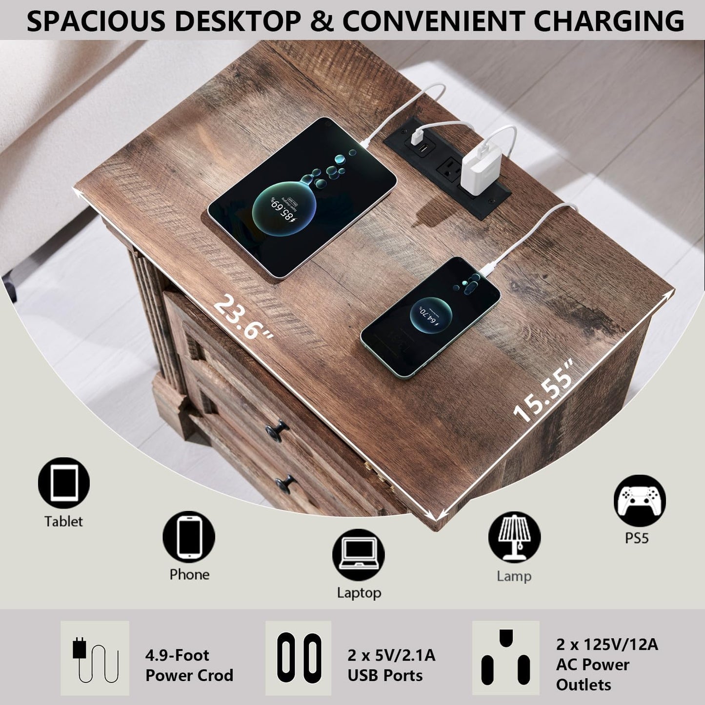 26" Tall Nightstand with Charging Station, Farmhouse 23.6" Wide Large End Table W/Roman Column, Wood Rustic Side Table W/Open Shelf, 2 Drawers Dresser for Bedroom, Living Room, Light Brown