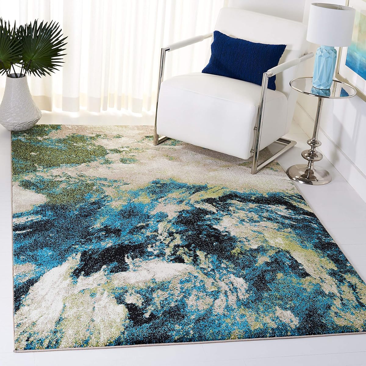 SAFAVIEH Glacier Collection 5'3" x 7'6" Navy / Green GLA123M Modern Abstract Non-Shedding Living Room Bedroom Dining Home Office Area Rug
