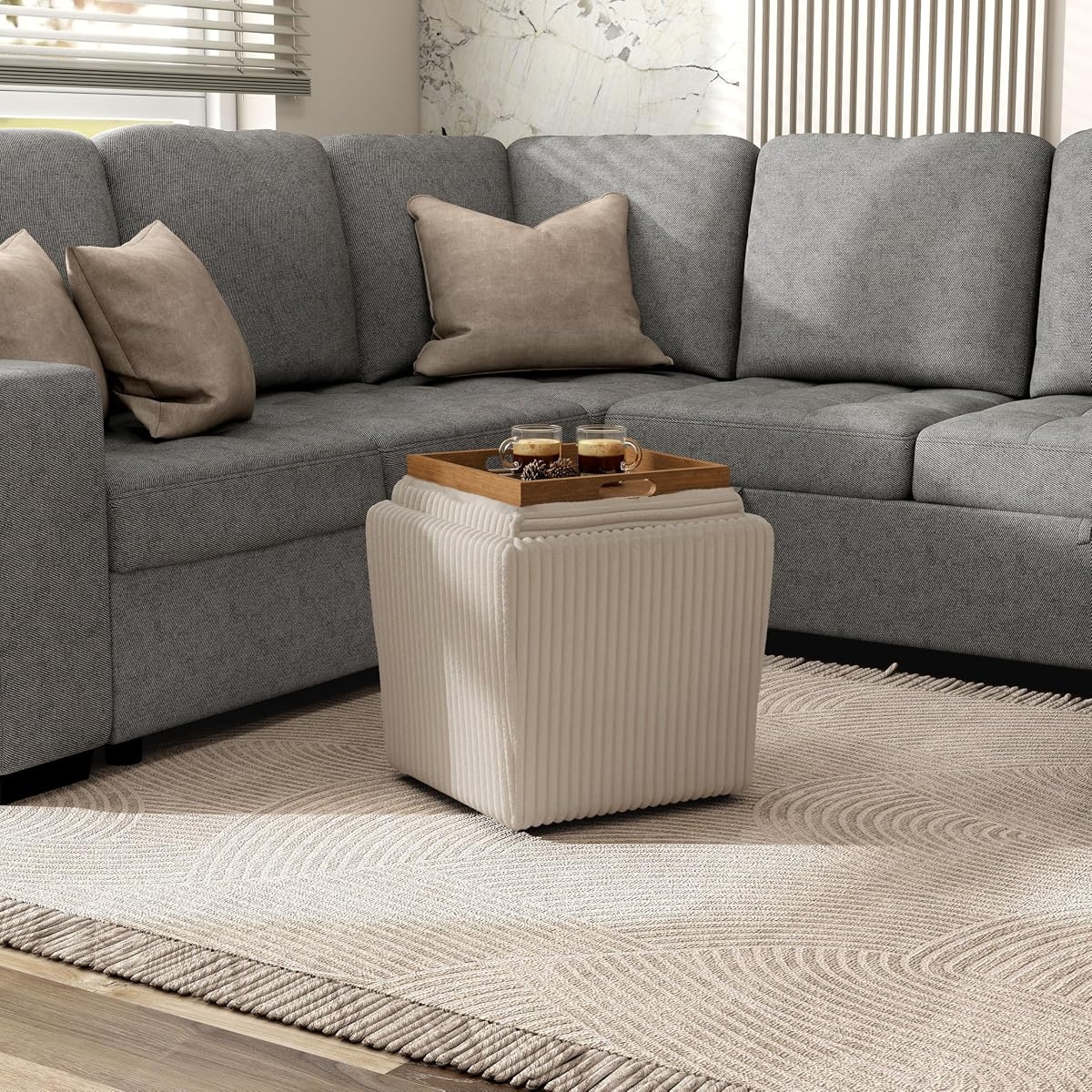 Lennox Modern Chenille 17-inch Square Storage Ottoman with Reversible Tray Top, Upholstered Footstool for Living Room, Bedroom, Entryway, Beige Pink