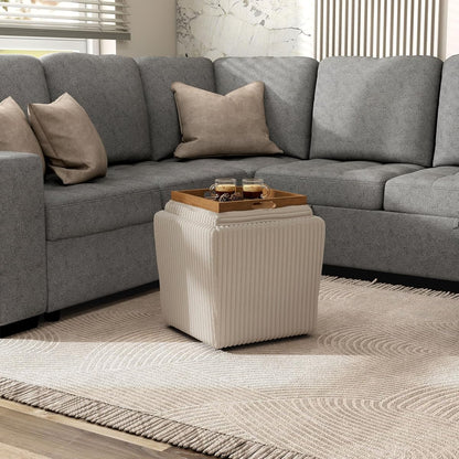 Lennox Modern Chenille 17-inch Square Storage Ottoman with Reversible Tray Top, Upholstered Footstool for Living Room, Bedroom, Entryway, Beige Pink