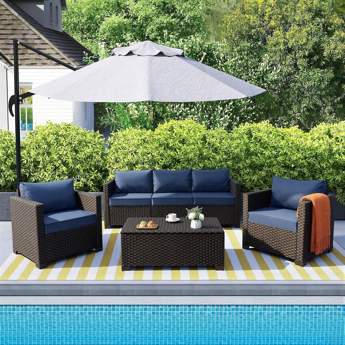 4 Piece Patio Furniture Set 45In Fire Pit Table Outdoor Furniture Sets Patio Couch Outdoor Chairs 50000 BTU Propane Fire Pit with No-Slip Cushions and Waterproof Covers, Navy Blue