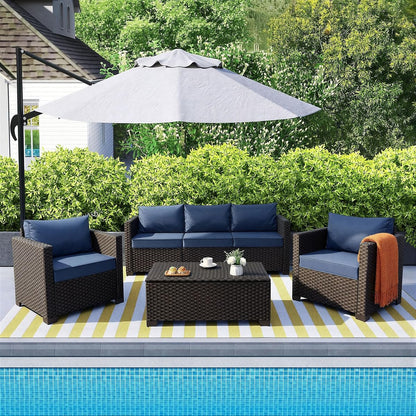 4 Piece Patio Furniture Set 45In Fire Pit Table Outdoor Furniture Sets Patio Couch Outdoor Chairs 50000 BTU Propane Fire Pit with No-Slip Cushions and Waterproof Covers, Navy Blue