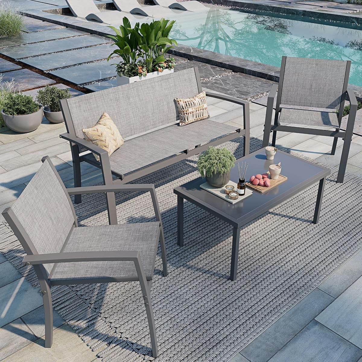 4 Pieces Patio Furniture Set All Weather Textile Fabric Outdoor Conversation Set, with Glass Coffee Table, Loveseat, 2 Single Chairs for Home, Garden, Lawn, Porch（Silver）