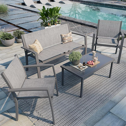 4 Pieces Patio Furniture Set All Weather Textile Fabric Outdoor Conversation Set, with Glass Coffee Table, Loveseat, 2 Single Chairs for Home, Garden, Lawn, Porch（Silver）