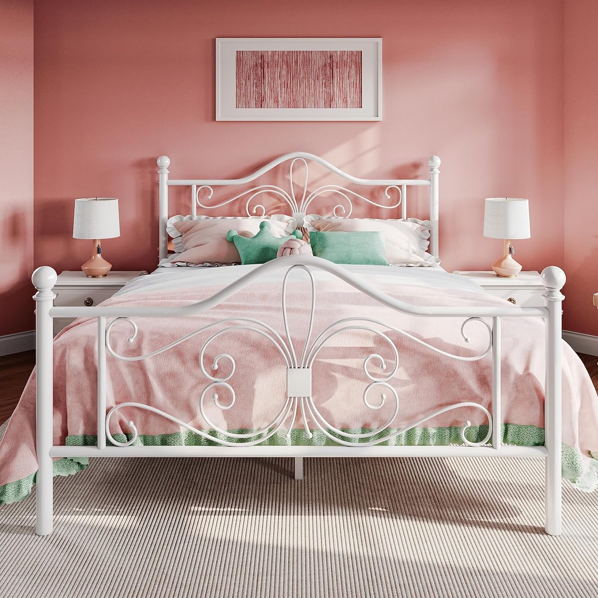 Full Size Metal Bed Frame with Butterfly Headboard, White