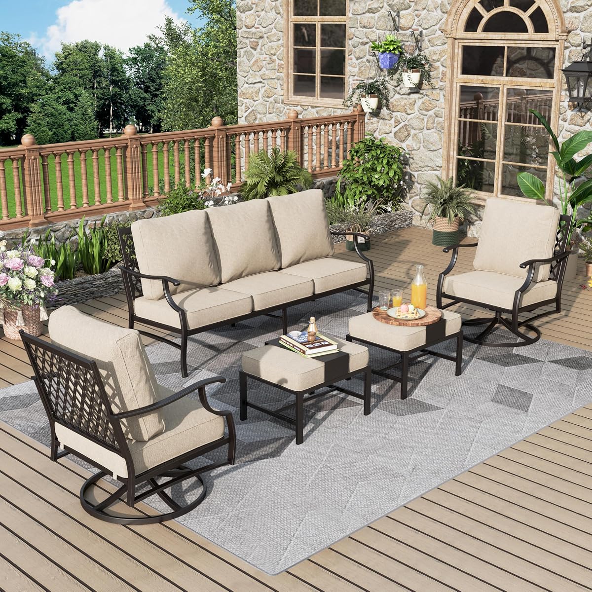 Patio Furniture Set 5 pcs, Outdoor Patio Furniture, 3-Seat Sofa, 2 Swivel Chairs, 2 Ottomans and 5.75" Extra Thick Cushion, Patio Conversation Set for Garden Backyard Deck,Beige