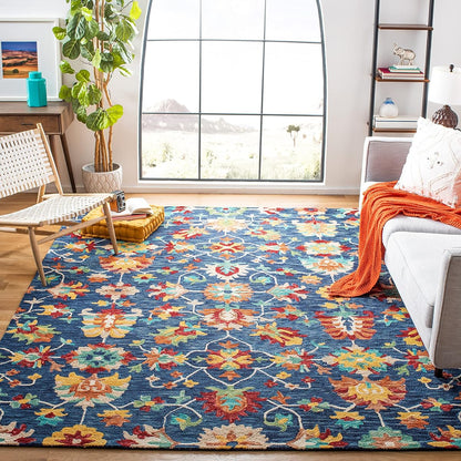 SAFAVIEH Aspen Collection Area Rug - 7' Square, Navy & Red, Handmade Boho Floral Wool, Ideal for High Traffic Areas in Living Room, Bedroom (APN510N)
