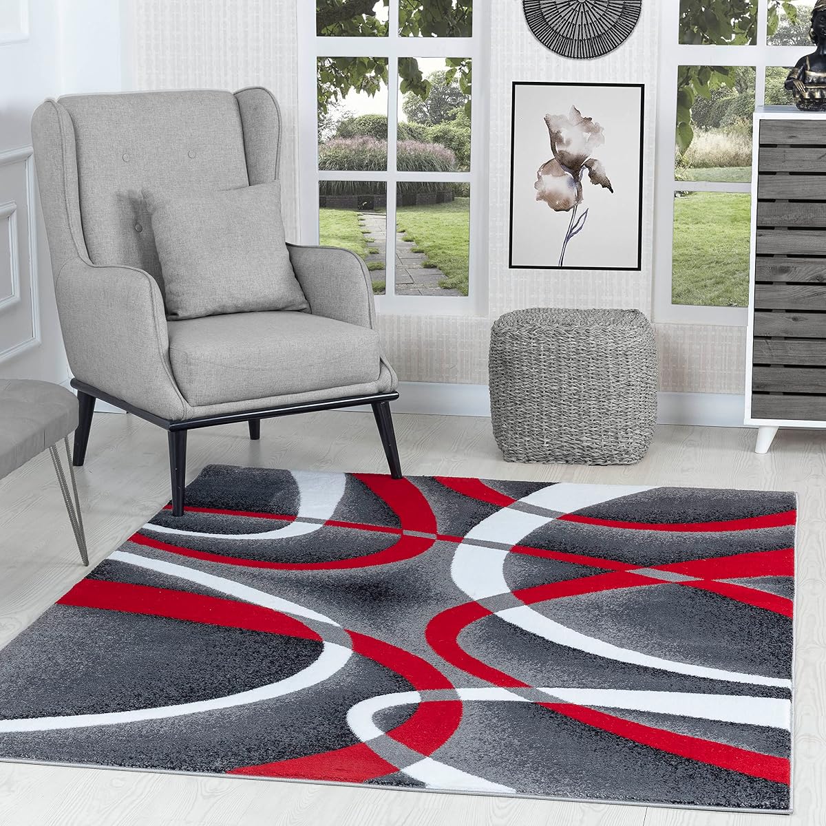 Modern Red Area Rug 4x6 Grey Swirls Carpet Bedroom Living Room Contemporary Dining Accent Sevilla Collection 4816A (Red)