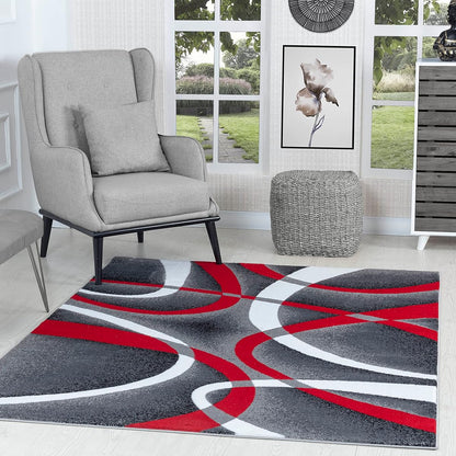 Modern Red Area Rug 4x6 Grey Swirls Carpet Bedroom Living Room Contemporary Dining Accent Sevilla Collection 4816A (Red)