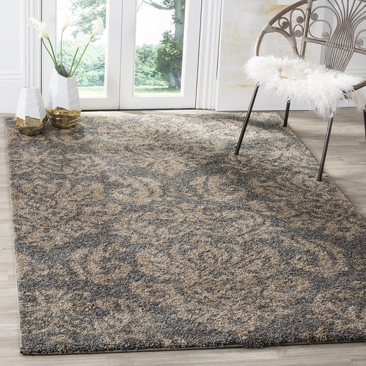 SAFAVIEH Florida Shag Collection Area Rug - 4' Square, Grey & Beige, Damask Design, Non-Shedding & Easy Care, 1.2-inch Thick Ideal for High Traffic Areas in Living Room, Bedroom (SG460-8013)
