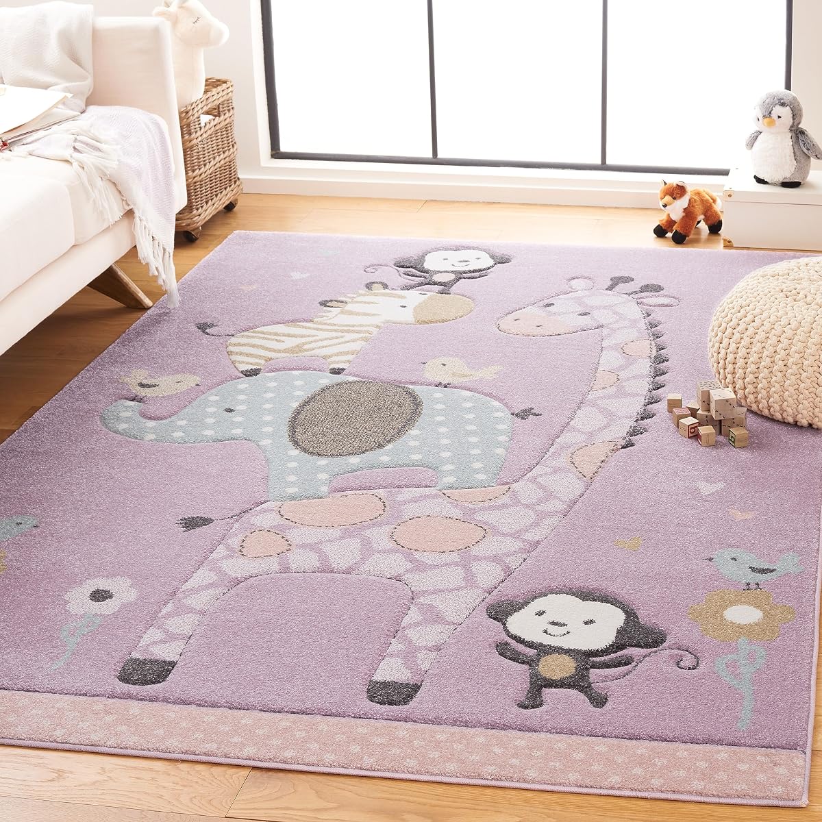 SAFAVIEH Carousel Kids Collection Area Rug - 6'7" x 9', Purple, Animal Design, Ideal for High Traffic Area for Boys & Girls in Playroom, Nursery, Bedroom (CRK120V-6)