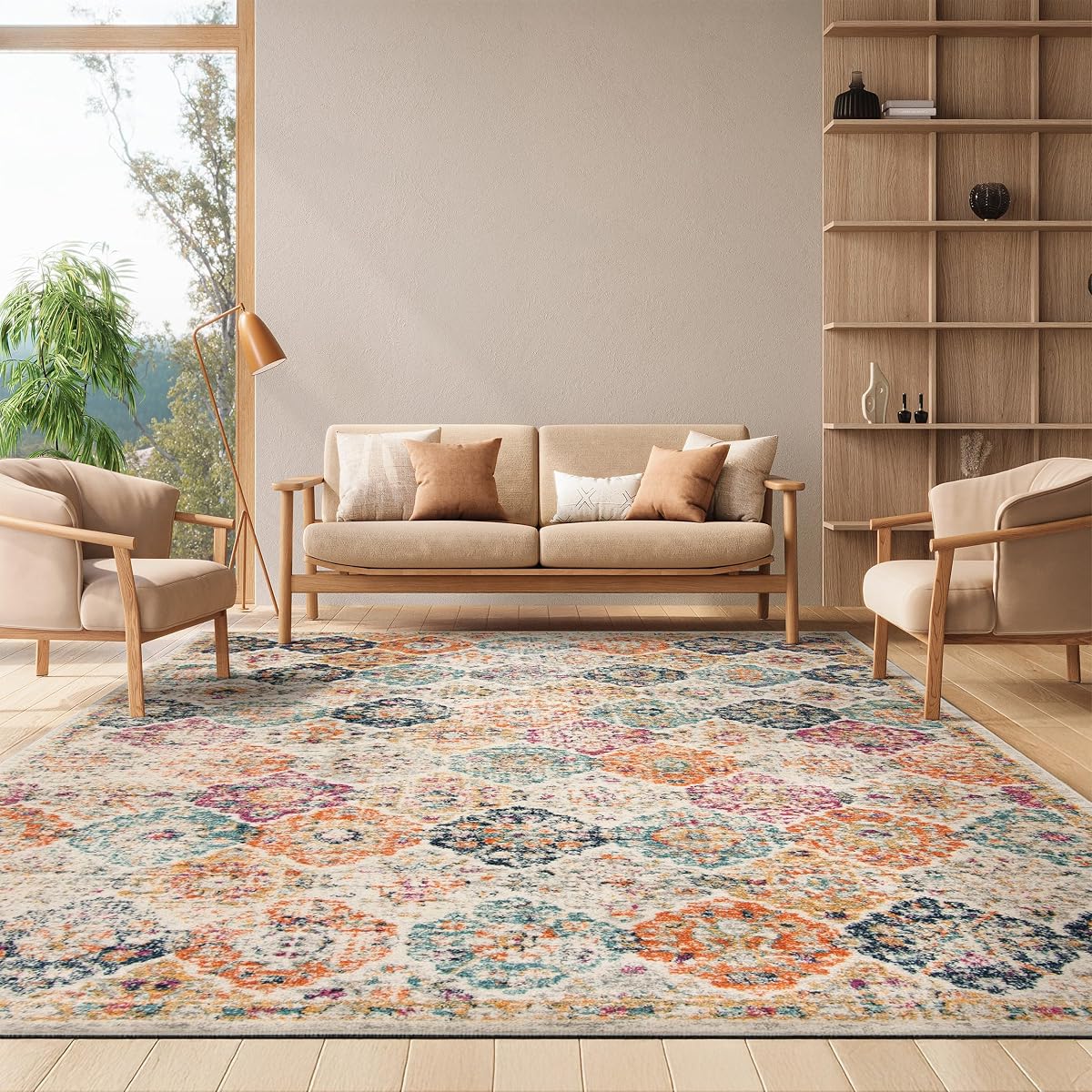 SAFAVIEH Madison Collection Area Rug - 6'7" x 9'2", Cream & Multi, Boho Chic Distressed Design, Non-Shedding & Easy Care, Ideal for High Traffic Areas in Living Room, Bedroom (MAD611B)