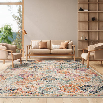 SAFAVIEH Madison Collection Area Rug - 6'7" x 9'2", Cream & Multi, Boho Chic Distressed Design, Non-Shedding & Easy Care, Ideal for High Traffic Areas in Living Room, Bedroom (MAD611B)
