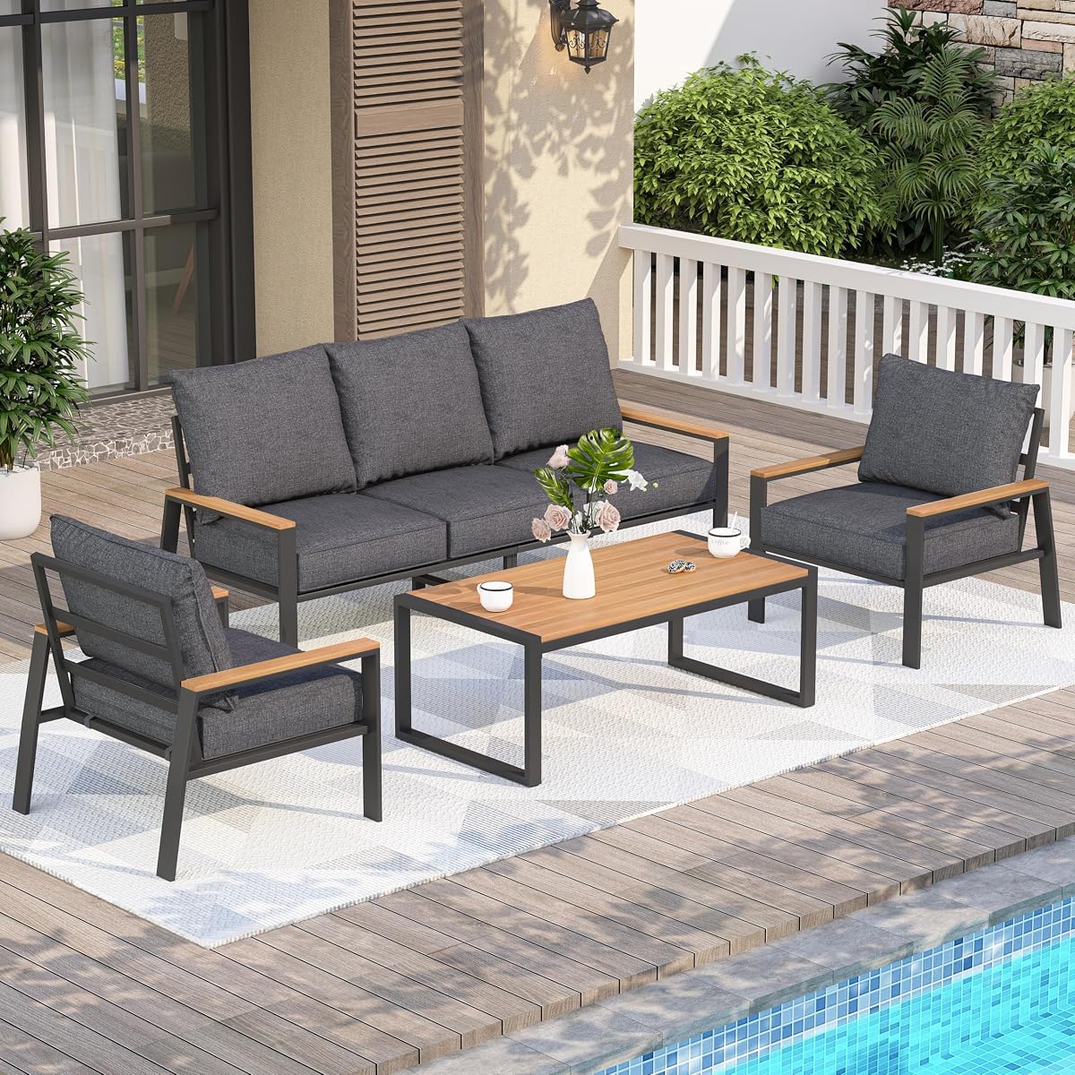 Patio Furniture Set, 4 Pieces Outdoor Furniture Patio Conversation Set with High Back, Faux-Wood Armrest and Tabletop, Outdoor Couch Patio Sofa Set for Balcony, Porch, Backyard, Grey