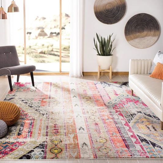 SAFAVIEH Monaco Collection Area Rug - 8' x 11', Light Grey & Multi, Boho Chic Tribal Distressed Design, Non-Shedding & Easy Care, Ideal for High Traffic Areas in Living Room, Bedroom (MNC222G)
