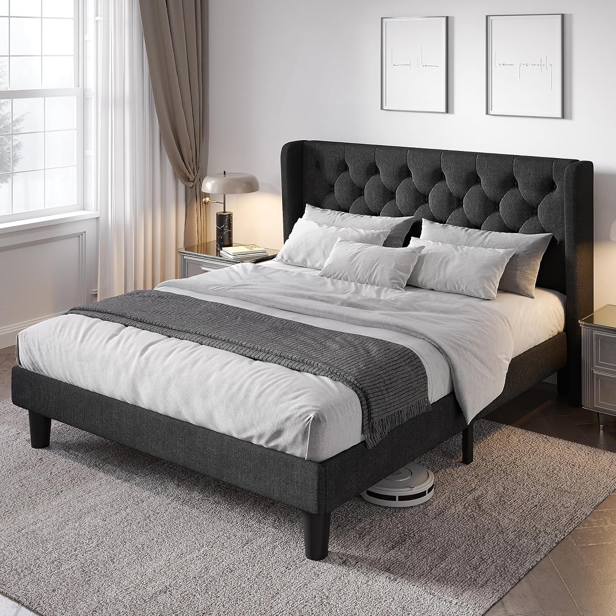 Queen Size Bed Frame with Button Tufted Wingback Headboard, Black