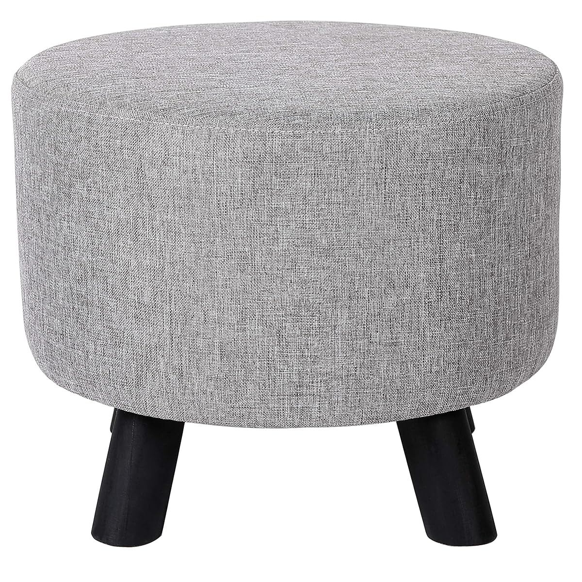 Grey Linen Foot Stool Ottoman – Soft Compact Round Padded Seat – Living Room and Bedroom – Black Wood Legs Upholstered Decorative Furniture Rest – Vanity Seat