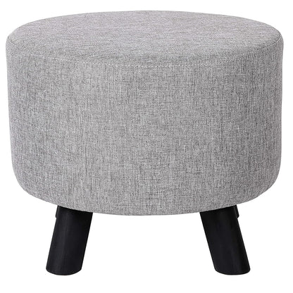 Grey Linen Foot Stool Ottoman – Soft Compact Round Padded Seat – Living Room and Bedroom – Black Wood Legs Upholstered Decorative Furniture Rest – Vanity Seat