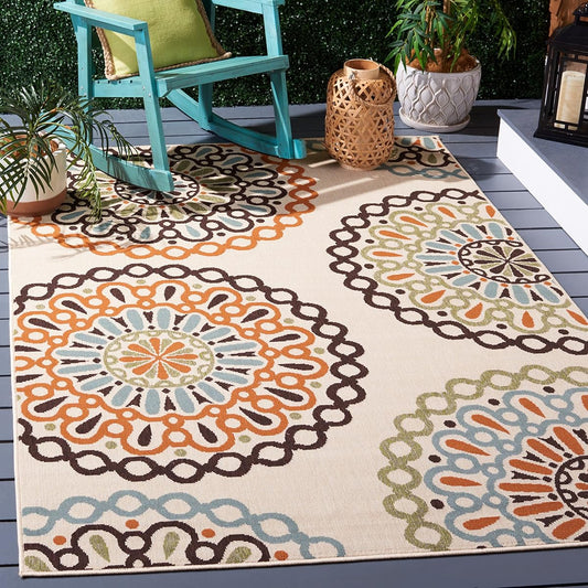 SAFAVIEH Washable Rug Outdoor Veranda Collection - 4' x 5'7", Cream & Terracotta, Non-Shedding & Easy to Clean, Ideal for Patio, Backyard, Mudroom (VER092-0715)