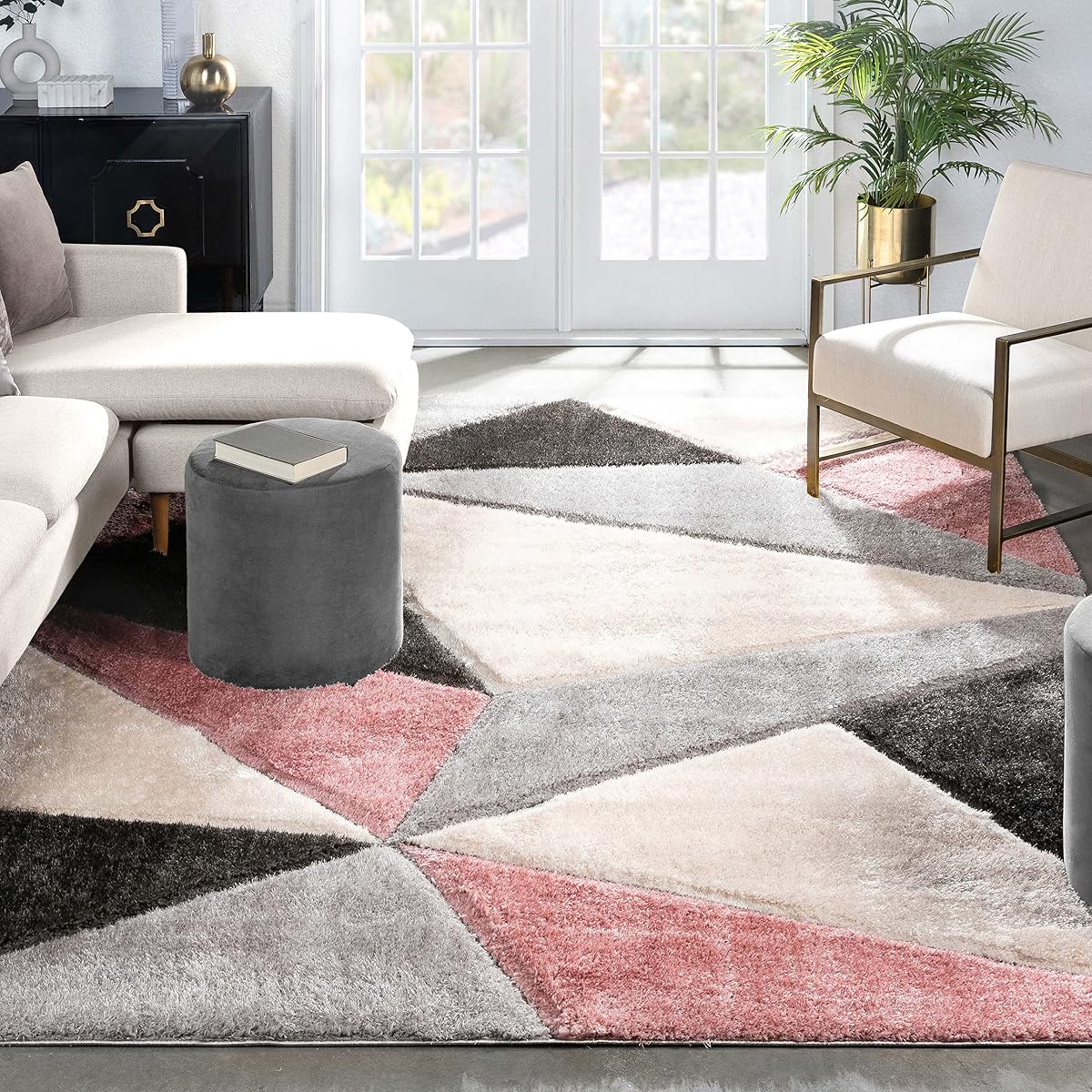 Walker Pink Triangle Boxes Thick Soft Plush 3D Textured Shag Area Rug 4x6 (3'11" x 5'3")