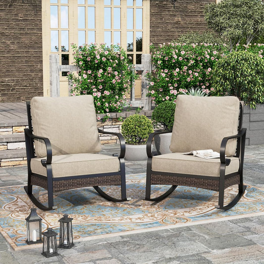 Beige high back metal patio rocking chairs with cushions, set of two
