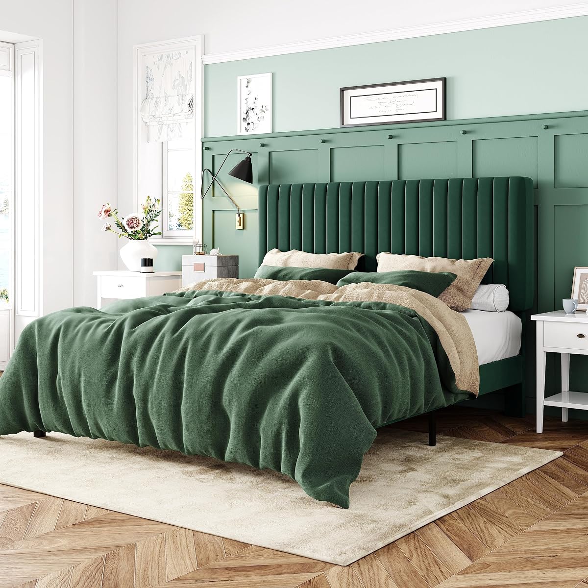 Queen Velvet Platform Bed with Tufted Headboard
