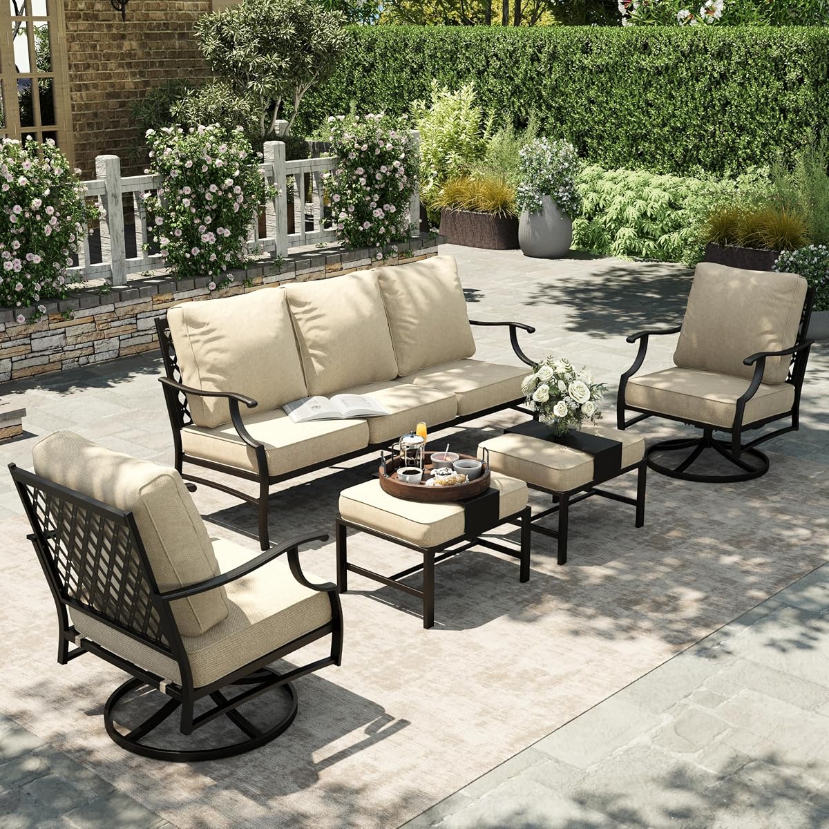 5 Piece Patio Furniture Set, 2 x Swivel Chair, 2 x Ottoman, 1 x 3-Seat Sofa, All Cushioned 7 Seats Outdoor Conversation Set for Lawn Garden Backyard