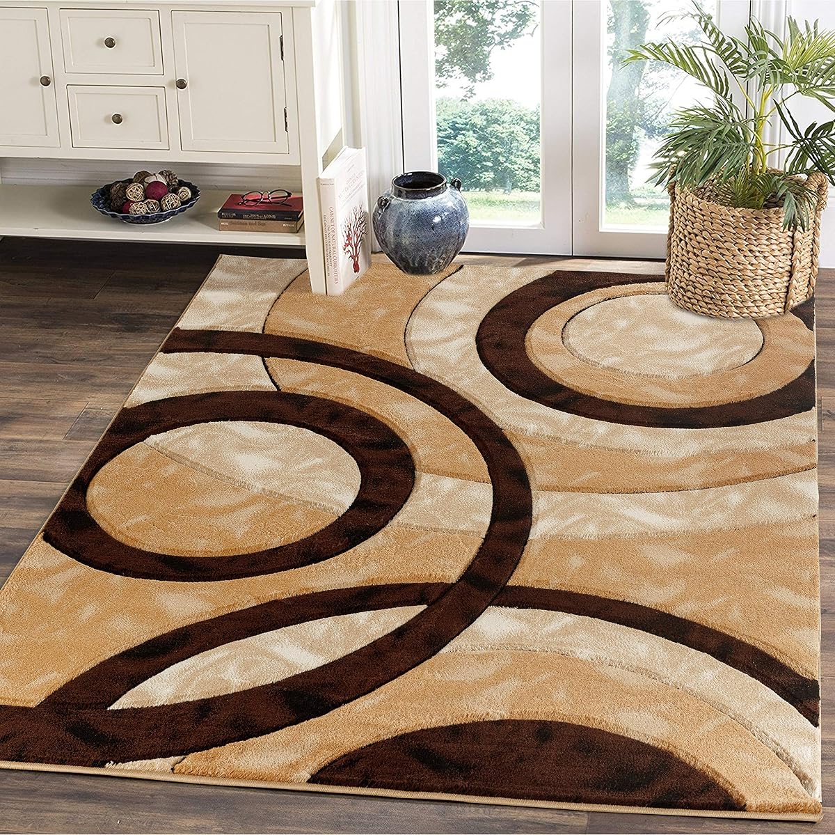 Area Rug 2x3 Brown Door Mat Modern Circles Soft Contemporary Floor Carpet Fluffy Texture for Indoor Living Dining Room and Bedroom Area