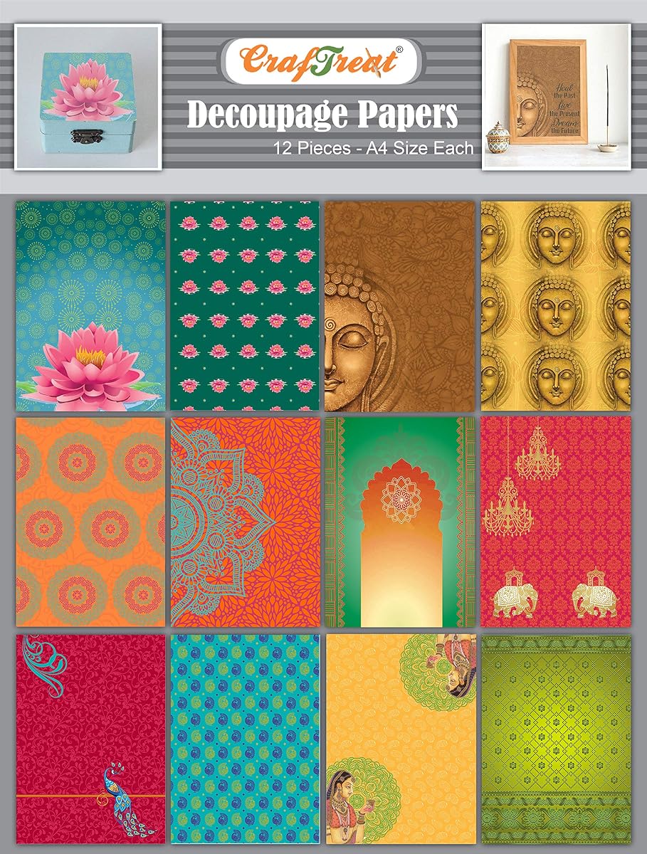 Ethnic India Decoupage Paper A4 (8.3 x 11.7 Inch) – 12 Sheets Buddha & Indian Art Printed Craft Paper for Furniture, Wood, Scrapbooking & DIY Home Décor