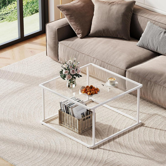 Coffee Table, Glass Coffee Table for Living Room, Modern Small Coffee Table with Tempered Glass & Metal Frame, Square Center Table for Small Spaces Apartment, Office, 26.4 x 26.4in, White