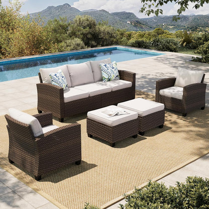 Patio Furniture Set, 5 Pieces Outdoor Wicker Furniture, All Weather Rattan Patio Conversation Set, Deep Seating Outdoor Sofa Sets for Lawn Deck Backyard, Brown/Beige