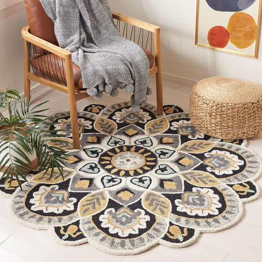 SAFAVIEH Novelty Collection Area Rug - 4' Round, Ivory & Black, Handmade Wool, Flower Design, Ideal for High Traffic Areas in Living Room, Bedroom, Dining (NOV604Z-4R)