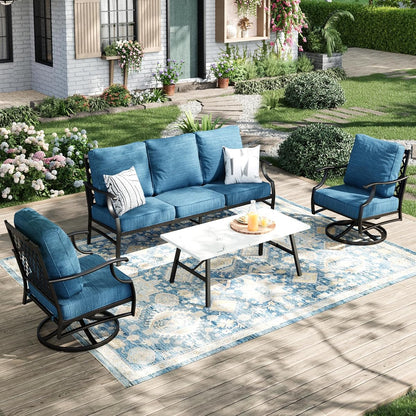 Patio Furniture Set 4 pcs, Metal Outdoor Patio Furniture, 3-Seat Sofa, 2 Swivel Chairs, Coffee Table and 5.75" Extra Thick Cushion, Conversation Set for Backyard Deck, Gemstone Blue