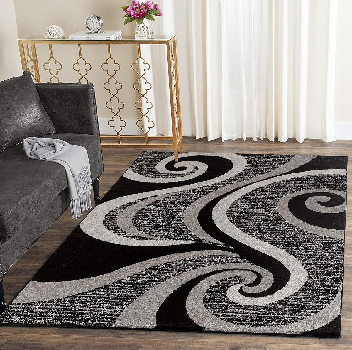 Modern Area Rug Swirls Carpet Bedroom Living Room Contemporary Dining Accent Sevilla Collection 4817A (4x6, Black)