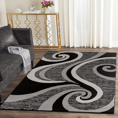 Modern Area Rug Swirls Carpet Bedroom Living Room Contemporary Dining Accent Sevilla Collection 4817A (4x6, Black)