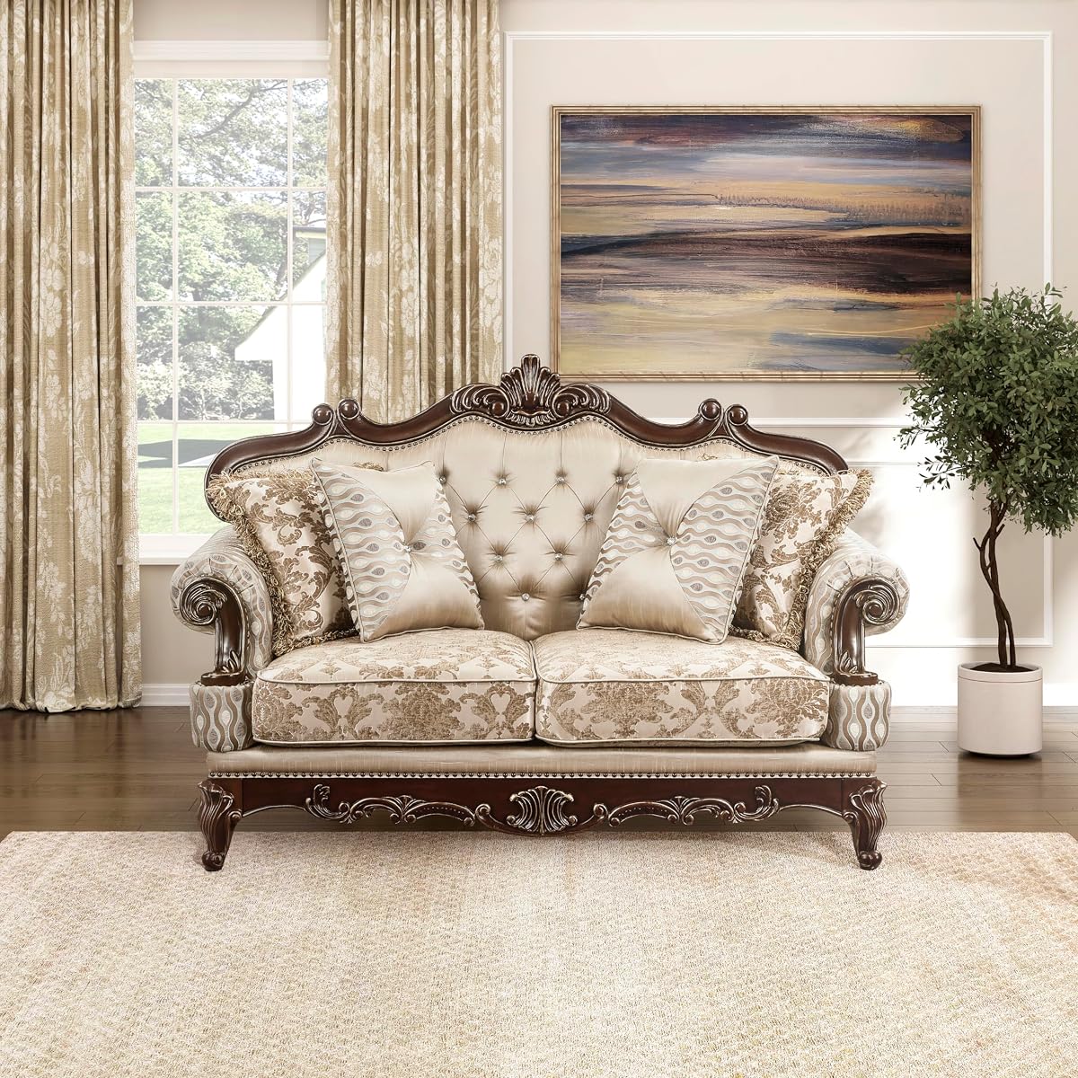 Traditional Sofa Couch for Living Room, Rolled Arm Sofa with 4 Accent Pillows, Tufting, Queen Legs in Cherry Finish with Gold Tipping, Upholstered Living Room Furniture, 2 Seater Couch, Brown