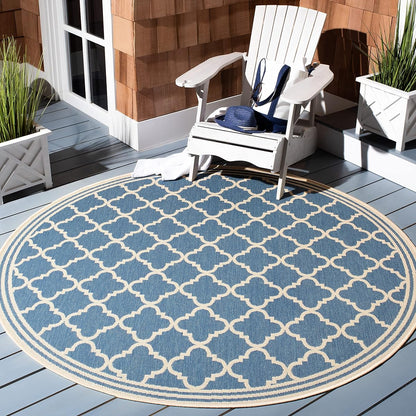 SAFAVIEH Washable Rug Outdoor Beach House Collection - 6'7" Round, Blue & Cream, Non-Shedding & Easy to Clean, Ideal for Patio, Backyard, Mudroom (BHS121M)