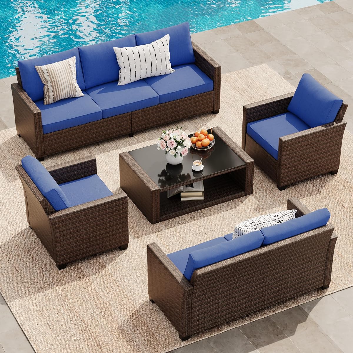 5 Pieces Patio Furniture Set, 7-Seater Rattan Wicker Patio Conversation Sets with Coffee Table, Outdoor Sectional Patio Sofa Set, Brown Rattan and Blue Cushions