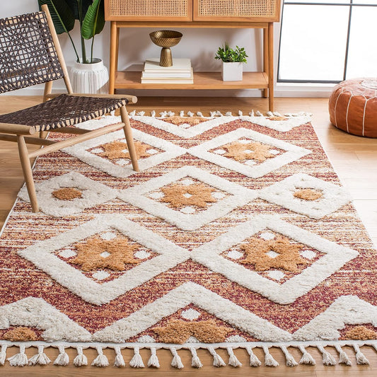 SAFAVIEH Moroccan Tassel Shag Collection Area Rug - 5'3" x 7'6", Rust & Ivory, Boho Design, Non-Shedding & Easy Care, 2-inch Thick Ideal for High Traffic Areas in Living Room, Bedroom (MTS664P)