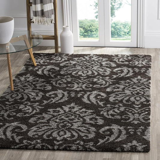 SAFAVIEH Florida Shag Collection Area Rug - 5' Square, Dark Brown & Smoke, Damask Design, Non-Shedding & Easy Care, 1.2-inch Thick Ideal for High Traffic Areas in Living Room, Bedroom (SG460-2879)