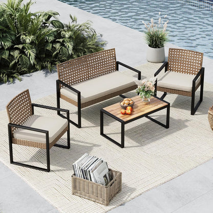 4 Piece Wicker Patio Furniture Set, Small Patio Sofa with Loveseat & Chaise & Acacia Wood Table, Outdoor Sectional Couch with Wood Table, Beige