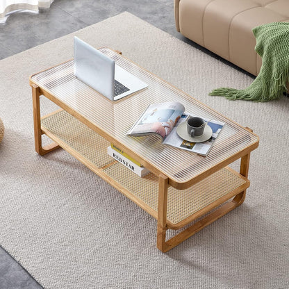 Rattan Coffee Table with Tempered Glass Top,Wood Coffee Table for Living Room,Glass Top with Imitation Rattan Storage Shelf, Rectangle Coffee Table for Living Room