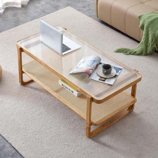 Rattan Coffee Table with Tempered Glass Top,Wood Coffee Table for Living Room,Glass Top with Imitation Rattan Storage Shelf, Rectangle Coffee Table for Living Room