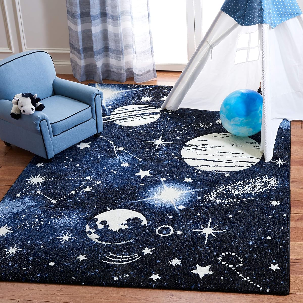 SAFAVIEH Carousel Kids Collection Area Rug - 5'3" x 7'6", Dark Blue & Light Blue, Non-Shedding & Easy Care, Ideal for High Traffic Areas for Boys & Girls in Playroom, Nursery, Bedroom (CRK122M)