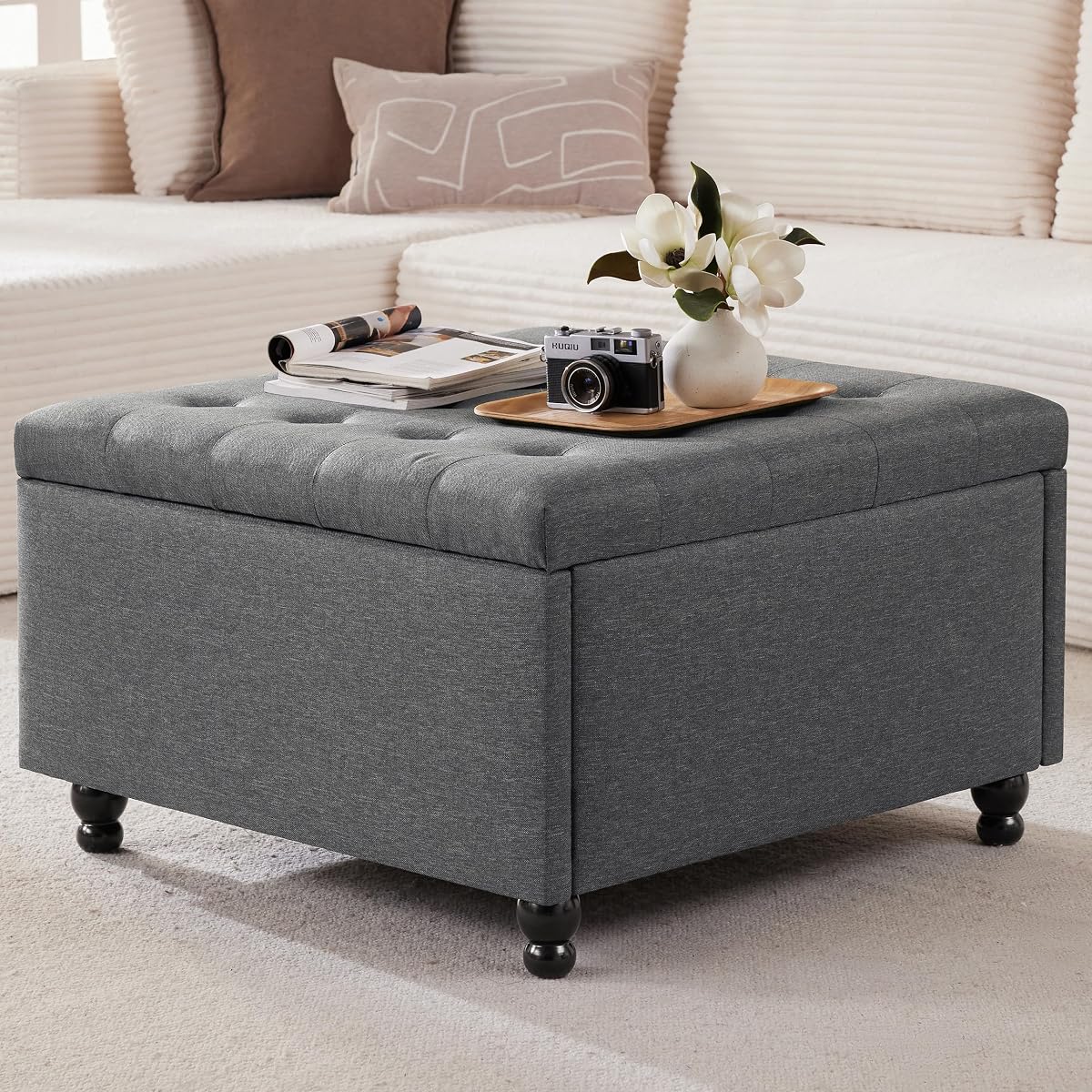 Grey Tufted Square Ottoman with Storage, Solid Wood Frame