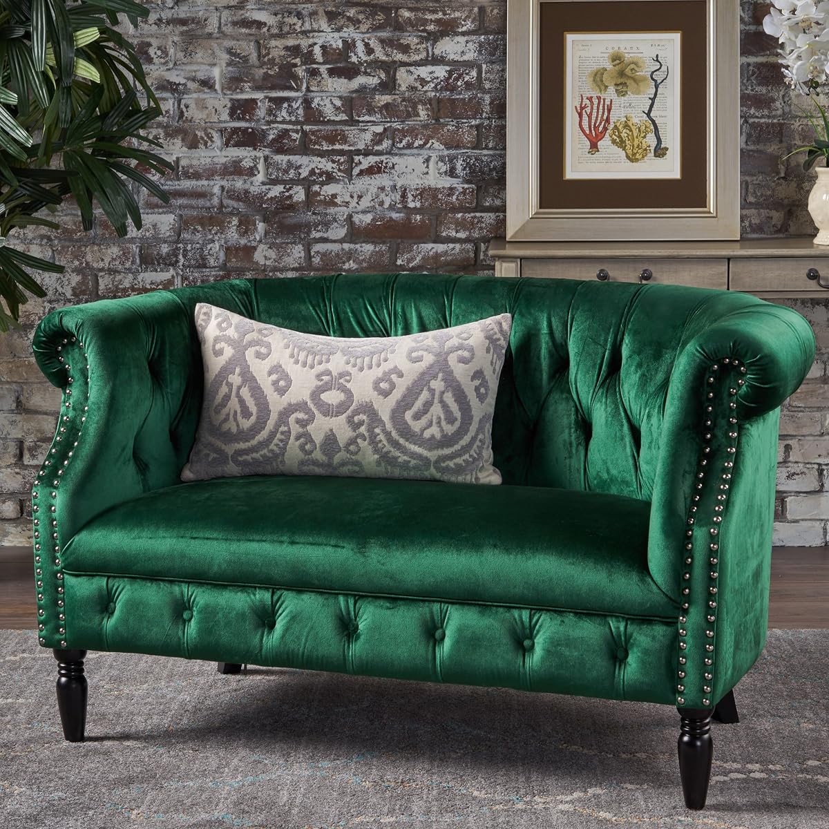 Melaina Tufted Chesterfield Velvet Loveseat with Scrolled Arms, Emerald and Dark Brown.