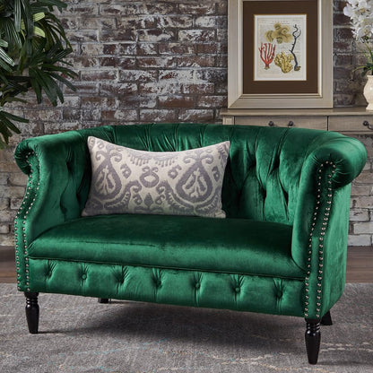 Melaina Tufted Chesterfield Velvet Loveseat with Scrolled Arms, Emerald and Dark Brown.
